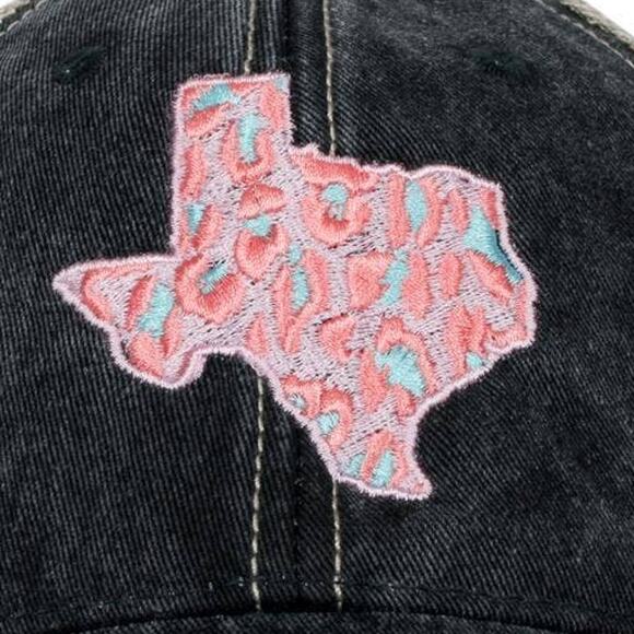Pink Leopard Texas State Embroidered Black Distressed Trucker Hat - Picture 2 of 2